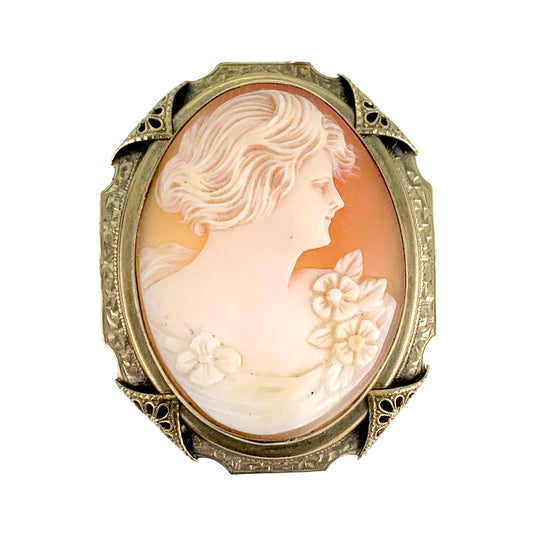 Vintage 14K Carved Shell Cameo Brooch