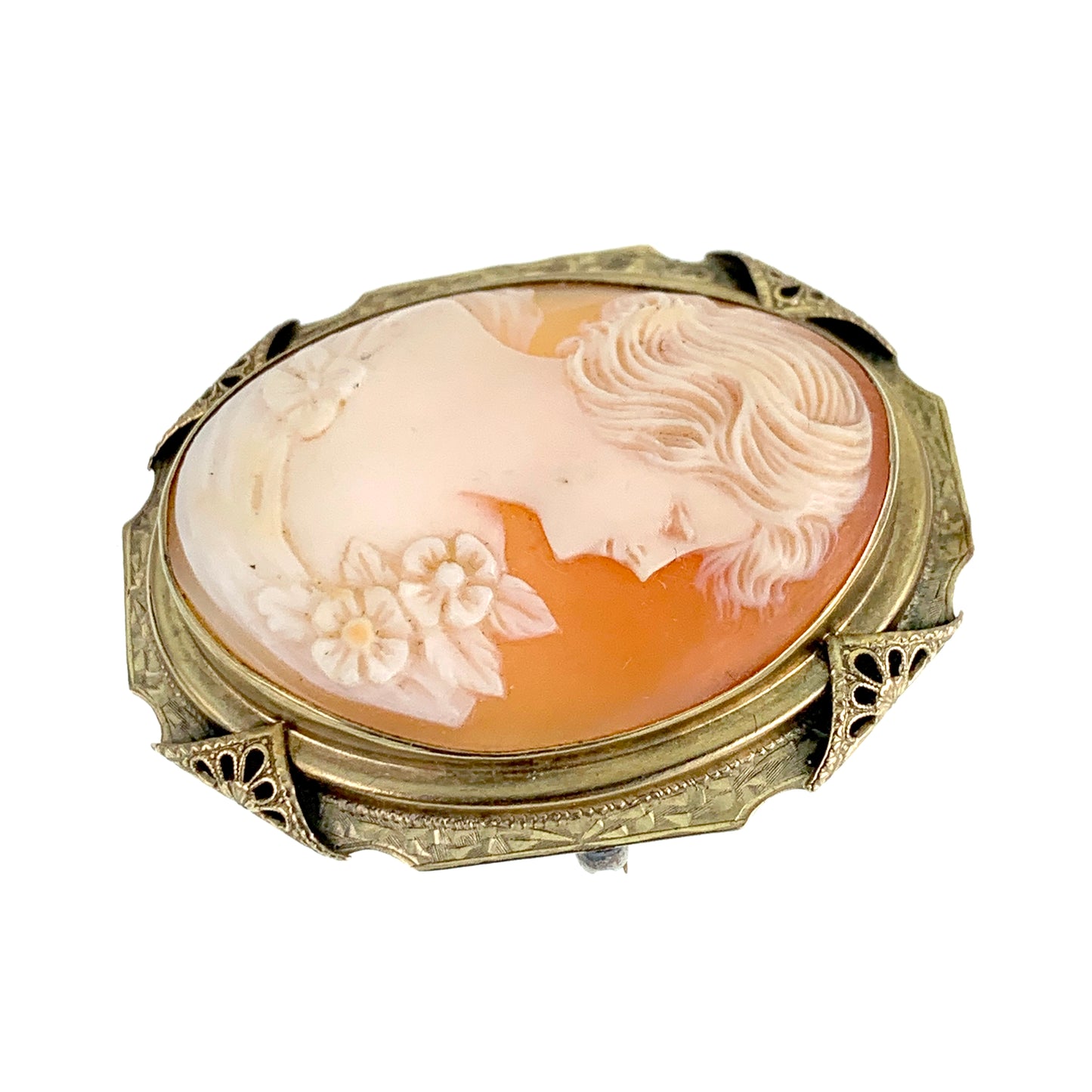 Vintage 14K Carved Shell Cameo Brooch