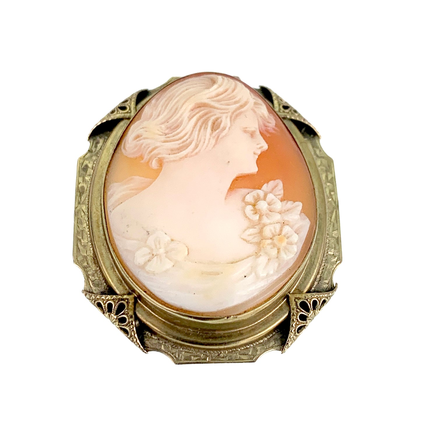 Vintage 14K Carved Shell Cameo Brooch