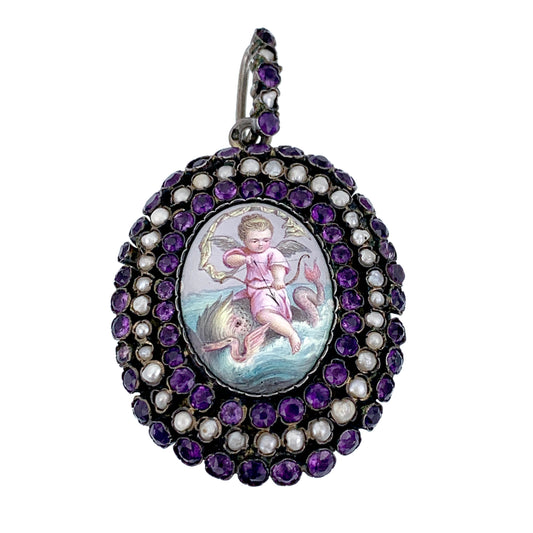 SOLD  Antique Silver, Amethyst, Seed Pearl & Hand Painted Enamel Cupid Locket Pendant K