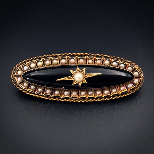 SOLD Antique Victorian 14K, Onyx & Pearl Mourning Locket Back Brooch