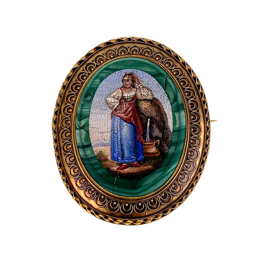 Antique 14K, Malachite & Micro Mosaic Brooch Depicting "Rebecca at The Well"