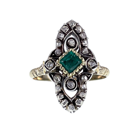 Antique 18K, Silver, Diamond & Emerald Navette Ring