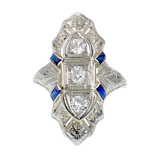 Art Deco 18K, Diamond & Sapphire Navette Ring