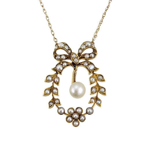 SOLD Antique 9K & Pearl Wreath Pendant Necklace