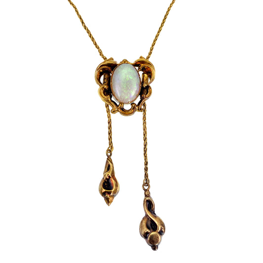 SOLD  Antique Art Nouveau 14K & Opal Rococo Frame Double Lariat Pendant Necklace