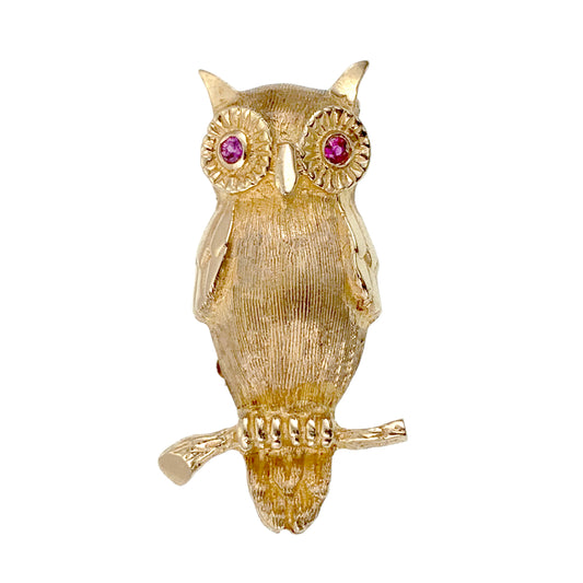 Vintage 14K & Ruby Owl Brooch K