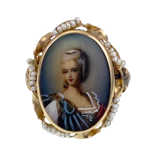 SOLD Antique 14K, Seed Pearl & Hand Painted Portrait Conversion Ring