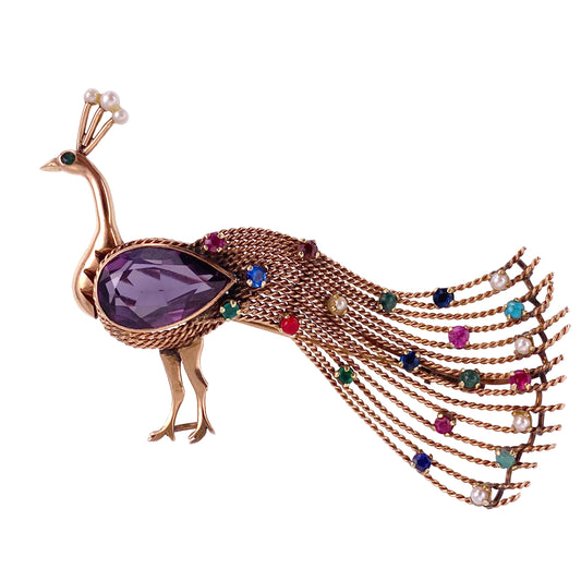 Vintage 14K, Sapphire & Multi Gem Peacock Brooch