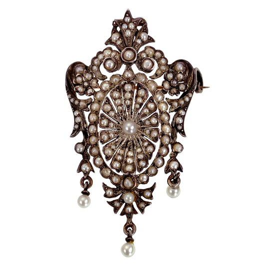 SOLD Antique French Silver & 18K Gold, Seed Pearl Brooch/Pendant