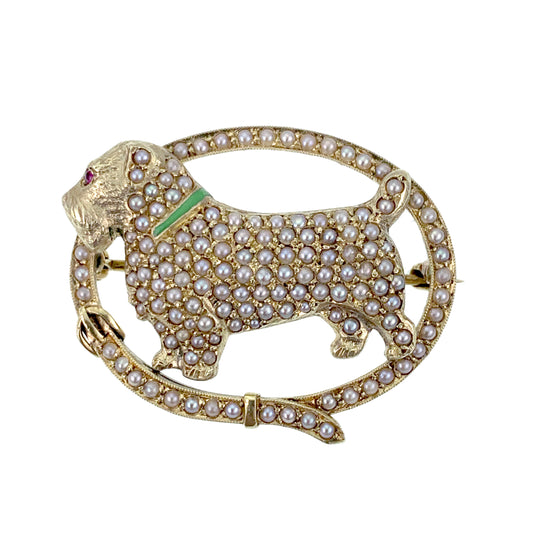 SOLD Antique 14K, Ruby, Seed Pearl & Enamel Terrier Dog Brooch K