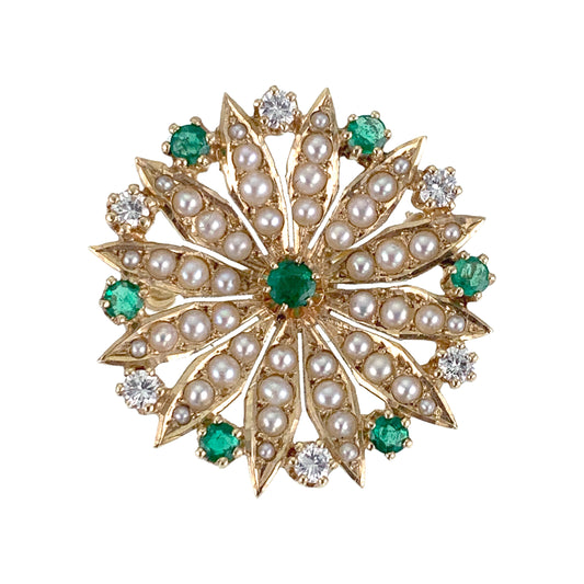 Vintage 14K, Diamond, Emerald & Seed Pearl Brooch/Pendant