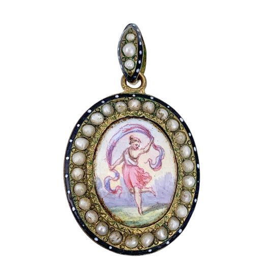 SOLD Antique French Pinchbeck, Seed Pearl, Enamel & Hand Painted Dancing Lady Pendant