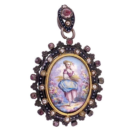 Antique French 18K, Silver, Seed Pearl, Paste & Hand Painted Enamel Locket Pendant K