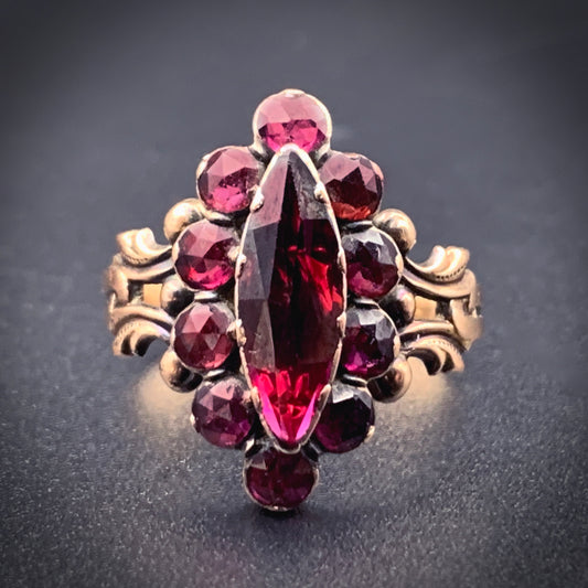 SOLD Antique French 18K & Foiled Perpignan Garnet Navette Ring