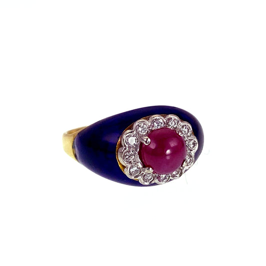 SOLD 18K Gold Diamond Ruby & Enamel French Victorian Ring