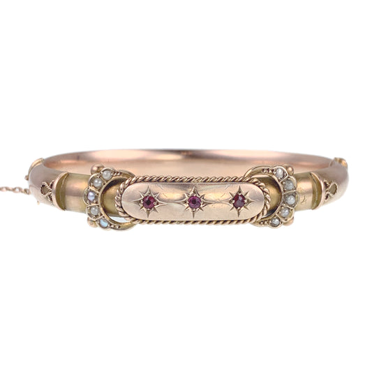 SOLD Antique 9K, Tourmaline & Seed Pearl Bangle Buckle Bracelet