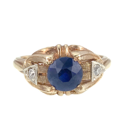Vintage Art Deco 14K, Sapphire & Diamond Ring