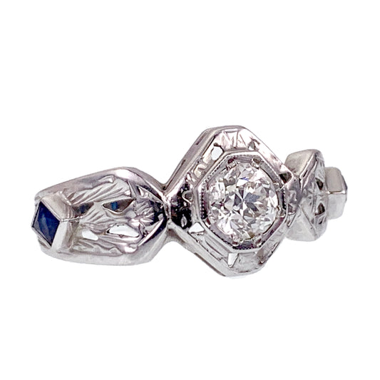 SOLD Art Deco 14K, Diamond & Sapphire Ring