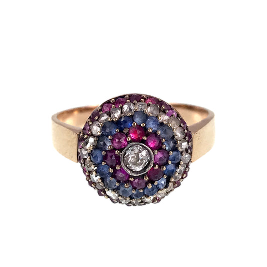 SOLD Antique French 18K, Diamond, Ruby & Sapphire Dome Ring