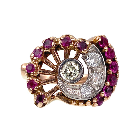 Vintage Retro 14K, Diamond & Pink Sapphire Nautilus Ring