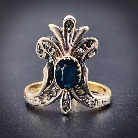 Antique French 18K, Silver, Diamond & Sapphire Duchess Ring