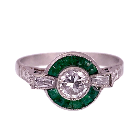 SOLD Art Deco Platinum, Diamond & Emerald Target Ring