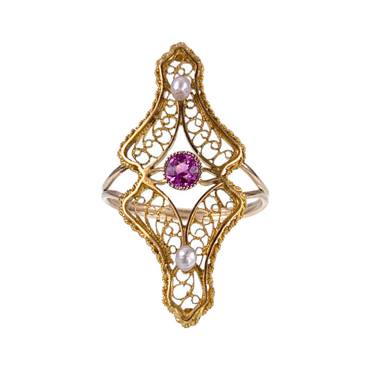 Antique 14K, 10K, Pink Sapphire & Seed Pearl Conversion Ring