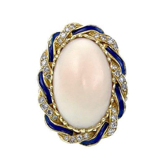 Sold -- Vintage 18K, Diamond, Enamel & Angel Skin Coral Cocktail Ring