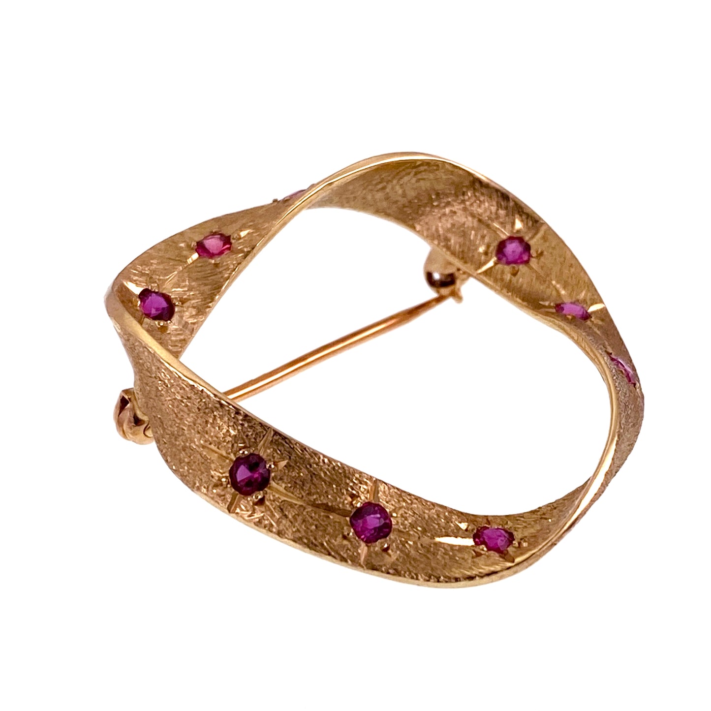 Vintage 14K & Ruby Ribbon Brooch