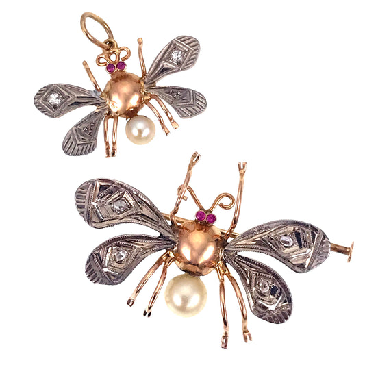 Art Deco 14K, Silver, Diamond, Ruby & Pearl Insect Brooch & Pendant Set
