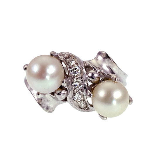 SOLD Vintage Mid-Century 14K, Pearl & Diamond Ring