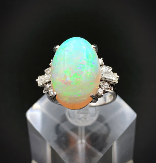 SOLD   Platinum, Opal Cabochon & Diamond Estate Ring